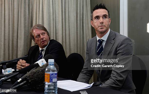England cricketer Kevin Pietersen speaks during a press conference alongside ECB chairman Giles Clarke at the team hotel on October 3, 2012 in...