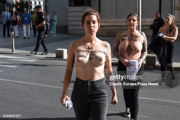 Femen activists during a protest under the slogan 'Falange legal, national shame', in front of the Electoral Board, on 11 July, 2023 in Madrid,...