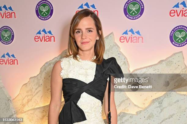 Emma Watson poses in the evian VIP Suite At Wimbledon 2023 on July 15, 2023 in London, England.