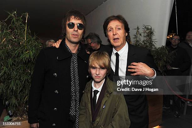 Liam Gallagher, Gene Gallagher and Sir Paul McCartney attend a gala screening of Magical Mystery Tour at The BFI Southbank on October 2, 2012 in...