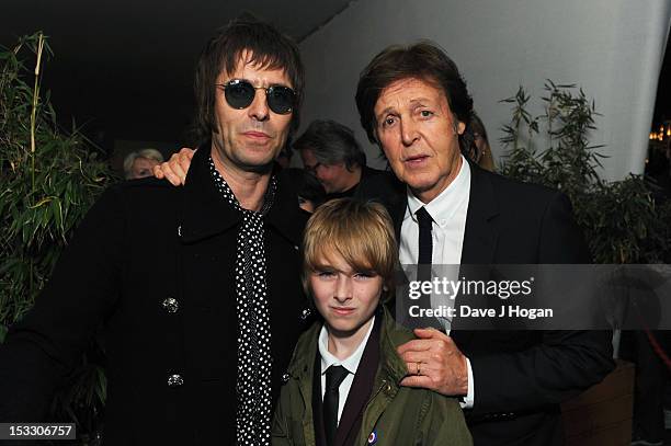 Liam Gallagher, Gene Gallagher and Sir Paul McCartney attend a gala screening of Magical Mystery Tour at The BFI Southbank on October 2, 2012 in...