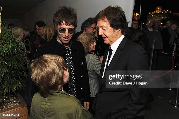 Liam Gallagher, Gene Gallagher and Sir Paul McCartney attend a gala screening of Magical Mystery Tour at The BFI Southbank on October 2, 2012 in...