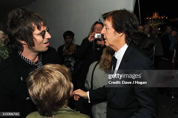 Liam Gallagher, Gene Gallagher and Sir Paul McCartney attend a gala screening of Magical Mystery Tour at The BFI Southbank on October 2, 2012 in...