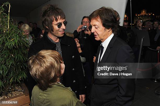 Liam Gallagher, Gene Gallagher and Sir Paul McCartney attend a gala screening of Magical Mystery Tour at The BFI Southbank on October 2, 2012 in...