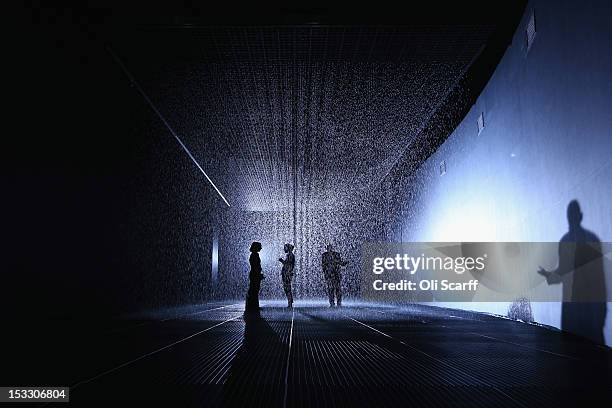 Members of the public experience the 'Rain Room' art installation by 'Random International' in The Curve at the Barbican Centre on October 3, 2012 in...