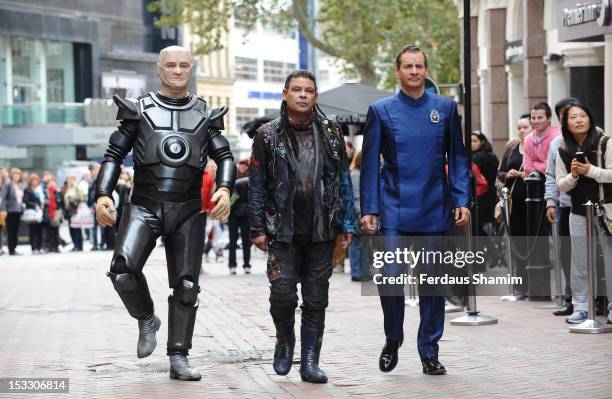 Robert Llewellyn as Kryten, Craig Charles as Dave Lister and Chris Barrie as Arnold Rimmer attend a photocall for the return of Red Dwarf with a new...