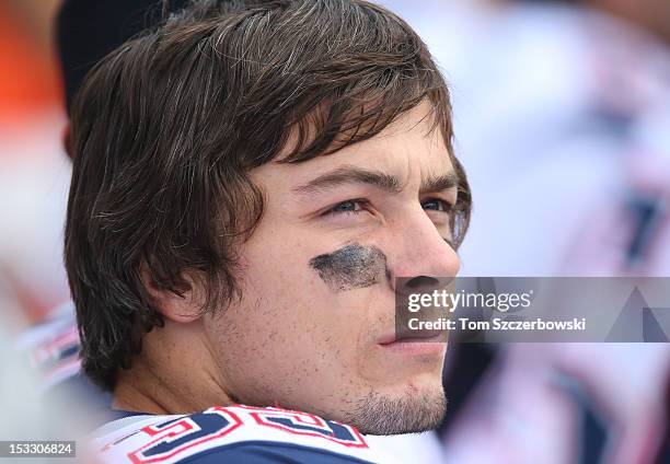Danny Woodhead of the New England Patriots looks on from the bench during an NFL game against the Buffalo Bills at Ralph Wilson Stadium on September...