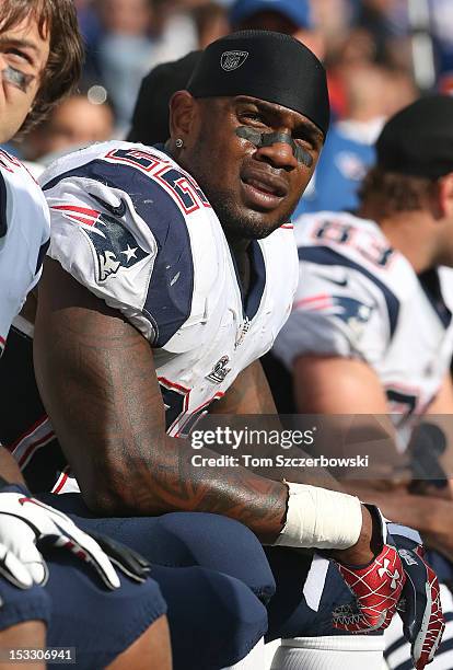 Stevan Ridley of the New England Patriots looks on from the bench during an NFL game against the Buffalo Bills at Ralph Wilson Stadium on September...