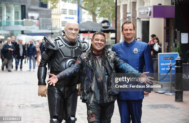 Robert Llewellyn as Kryten, Craig Charles as Dave Lister and Chris Barrie as Arnold Rimmer attend a photocall for the return of Red Dwarf with a new...