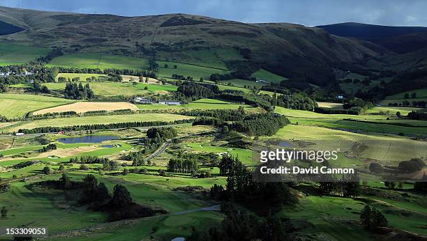 An aerial view of The Centenary Course with some holes of the King's Course in the foreground at Gleneagles Hotel venue for the 2014 Ryder Cup on...