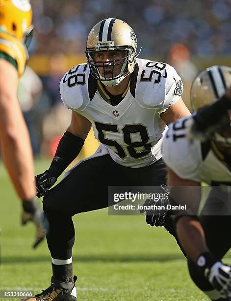 Scott Shanle of the New Orleans Saints awaits the snap against the Green Bay Packers at Lambeau Field on September 30, 2012 in Green Bay, Wisconsin....