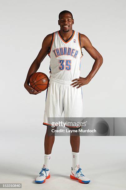 Kevin Durant of the Oklahoma City Thunder poses for a portrait during 2012 NBA Media Day on October 1, 2012 at the Thunder Events Center in Edmond,...