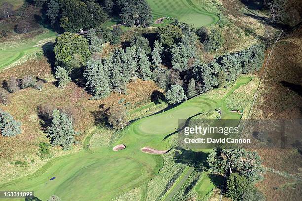 An aerial view of the green on the par 4, 9th hole on the King's Course at Gleneagles Hotel on September 21, in Auchterarder, Perthshire, Scotland.
