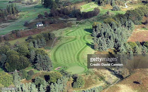 An aerial view of the par 5, 6th hole on the Kings Course at Gleneagles Hotel on September 21, in Auchterarder, Perthshire, Scotland.