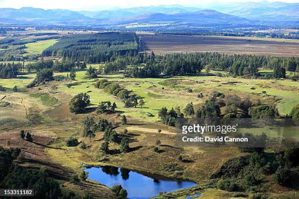 An aerial view of the 6th, 7th, 8th, 9th and 10th holes on the Kings Course at Gleneagles Hotel on September 21, in Auchterarder, Perthshire,...