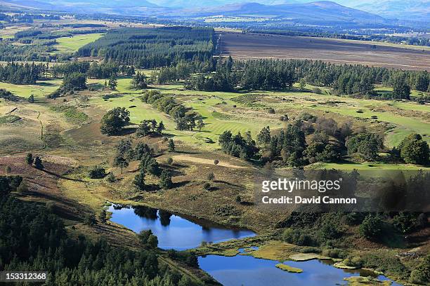 An aerial view of the 6th, 7th, 8th, 9th and 10th holes on the King's Course at Gleneagles Hotel on September 21, in Auchterarder, Perthshire,...