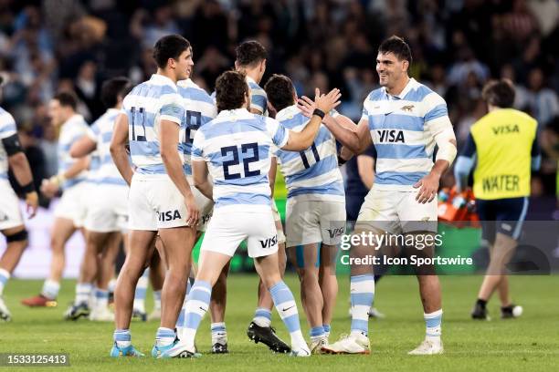 Argentine players celebrate after defeating Australia during the Rugby Championship match between Australia and Argentina at CommBank Stadium on July...