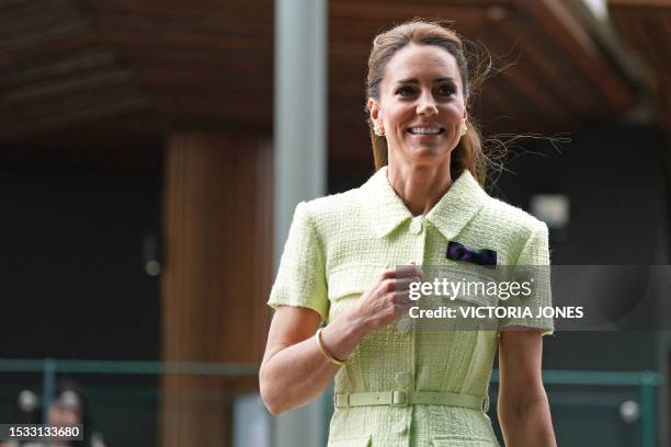 Britain's Catherine, Princess of Wales arrives at The All England Lawn Tennis Club in Wimbledon, southwest London, on July 15, 2023 for the women's...