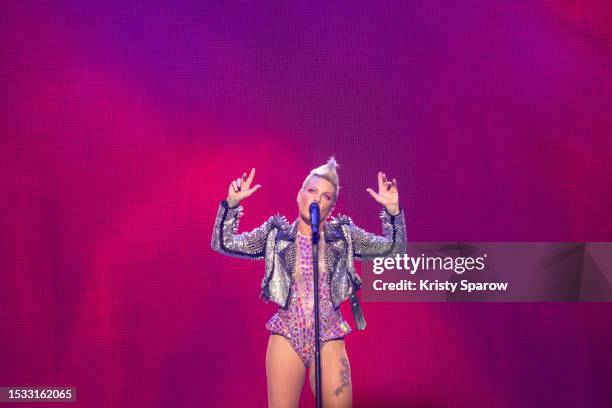 Performs on stage during the P!NK Summer Carnival 2023 Tour at Paris La Defense Arena on June 21, 2023 in Nanterre, France.