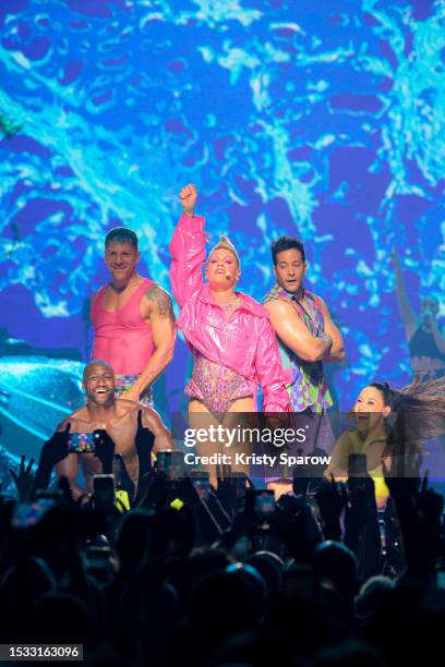 Performs on stage during the P!NK Summer Carnival 2023 Tour at Paris La Defense Arena on June 21, 2023 in Nanterre, France.