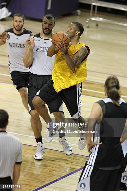 Will Conroy of the Minnesota Timberwolves looks to pass at practice during 2012 Training Camp on October 3, 2012 at the Bresnan Arena in Taylor...