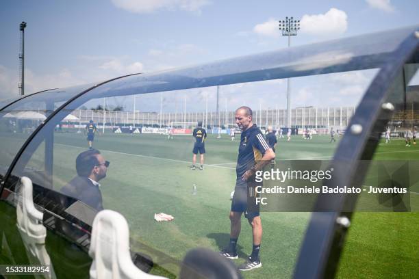 Giovanni Manna, Massimiliano Allegri of Juventus during a training session at JTC on July 15, 2023 in Turin, Italy.