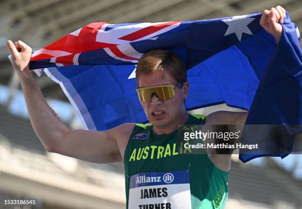 James Turner of Australia celebrates after the Men's 400m T36 Final during day four of the Para Athletics World Championships Paris 2023 at Stade...