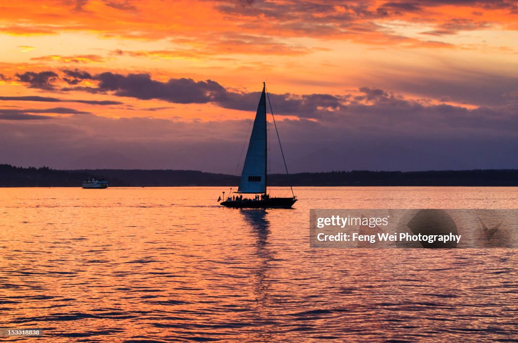 Ship Sailing In Puget Sound, Washington