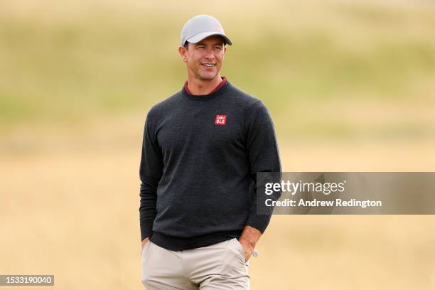 Adam Scott of Australia looks on from the 8th hole during a practice round prior to the Genesis Scottish Open at The Renaissance Club on July 11,...