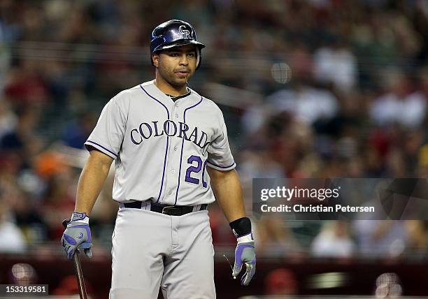 Wilin Rosario of the Colorado Rockies bats against the Arizona Diamondbacks during the MLB game at Chase Field on October 2, 2012 in Phoenix,...