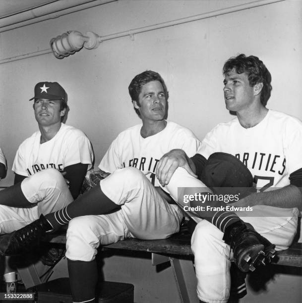 American actors Clint Eastwood, Doug McClure and Ryan O'Neal at a celebrity baseball game, Los Angeles, February 1967.