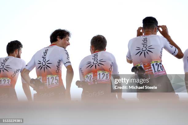 Simon Geschke of Germany, Victor Lafay of France, Axel Zingle of France, Anthony Perez of France and Team Cofidis prior to the stage ten of the 110th...
