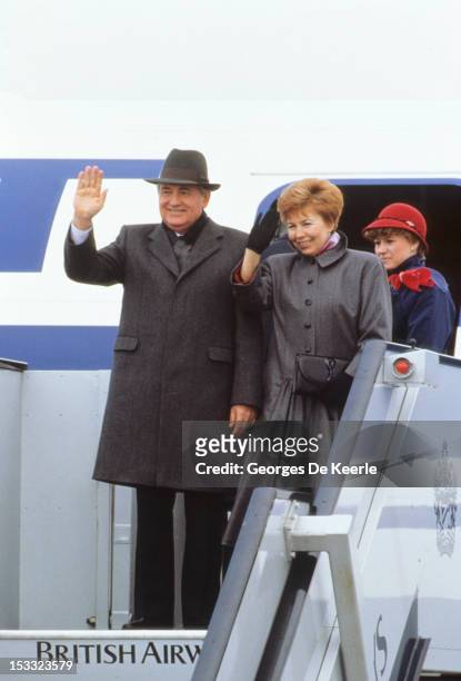 Russian leader Mikhail Gorbachev with his wife Raisa Gorbachova waives at the end of an official visit to London, 7th April 1989.
