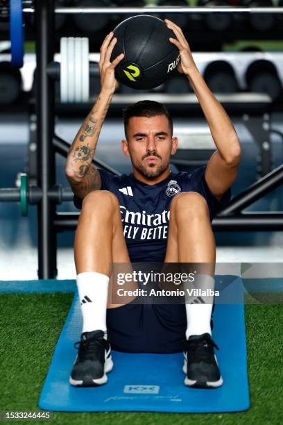 Dani Ceballos player of Real Madrid exercising inside the gym at Valdebebas training ground on July 11, 2023 in Madrid, Spain.