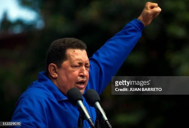 Venezuelan President Hugo Chavez delivers a speech during a campaign rally in Maracay , Aragua state on Octubre 3, 2012. The leftist leader, in power...