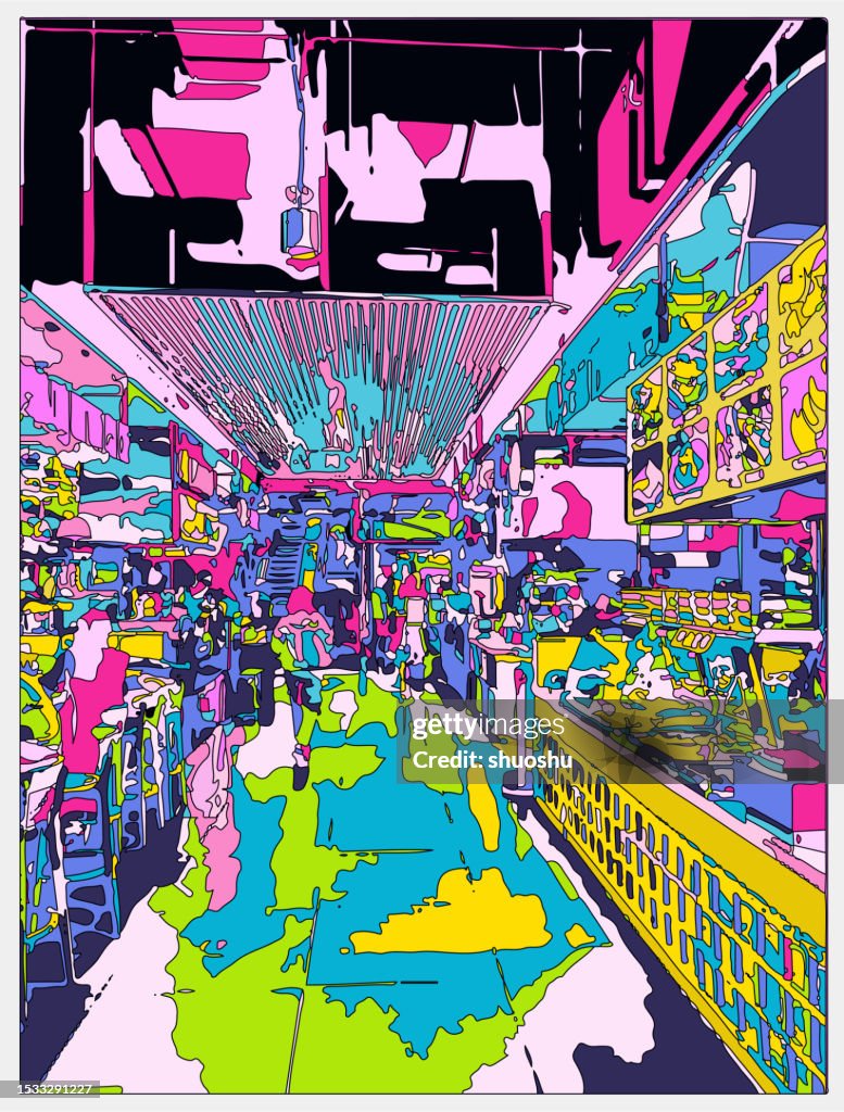 Neon colors metaverse cartoon indoor scene, Interior space restaurant