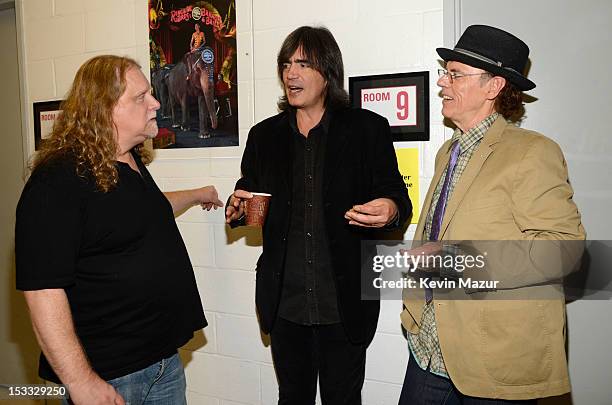 Warren Haynes, Larry Campbell and John Hiatt backstage at the "Love For Levon" Benefit To Save The Barn at Izod Center on October 3, 2012 in East...