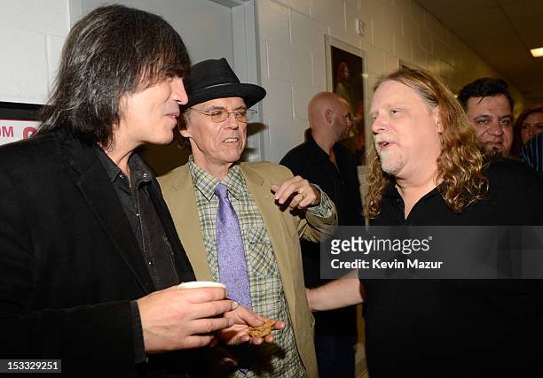 Larry Campbell, John Hiatt and Warren Haynes backstage at the "Love For Levon" Benefit To Save The Barn at Izod Center on October 3, 2012 in East...