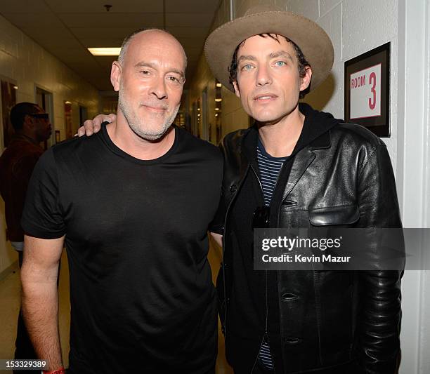 Marc Cohn and Jakob Dylan backstage at the "Love For Levon" Benefit To Save The Barn at Izod Center on October 3, 2012 in East Rutherford, New Jersey.