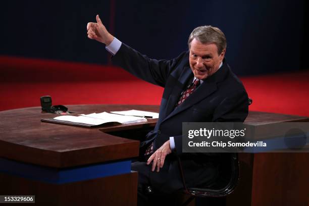 Debate moderator Jim Lehrer speaks prior to the Presidential Debate at the University of Denver on October 3, 2012 in Denver, Colorado. The first of...