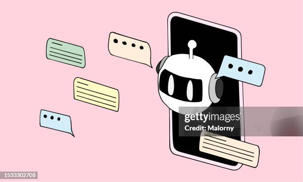 chatbot looking out of a smartphone display. text bubbles floating around. pink background. - virtual stock pictures, royalty-free photos & images