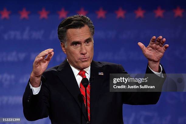 Republican presidential candidate, former Massachusetts Gov. Mitt Romney speaks during the Presidential Debate at the University of Denver on October...