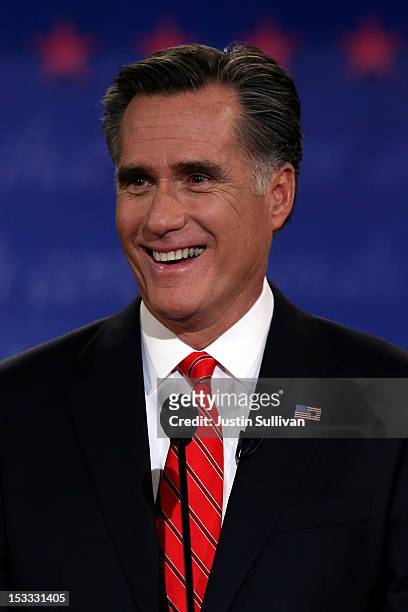 Republican presidential candidate, former Massachusetts Gov. Mitt Romney smiles during the Presidential Debate at the University of Denver on October...