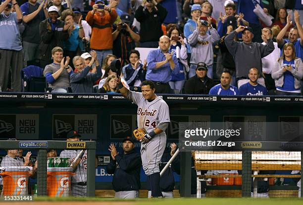Miguel Cabrera of the Detroit Tigers tips hat as he leaves the game in the fourth inning at Kauffman Stadium on October 3, 2012 in Kansas City,...