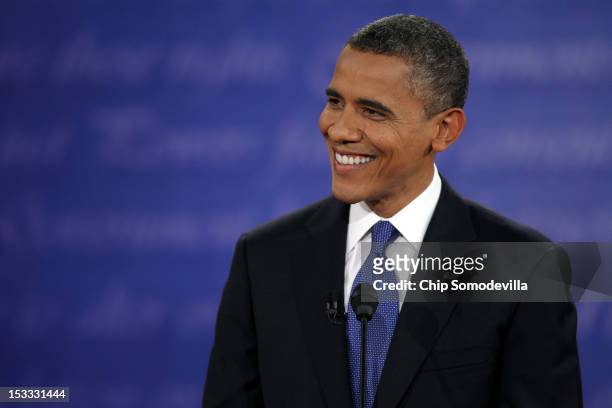 Democratic presidential candidate, U.S. President Barack Obama smiles during the Presidential Debate at the University of Denver on October 3, 2012...