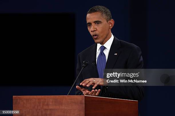 Democratic presidential candidate, U.S. President Barack Obama speaks during the Presidential Debate at the University of Denver on October 3, 2012...