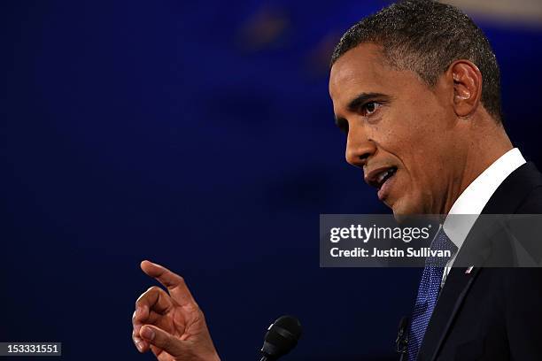 Democratic presidential candidate, U.S. President Barack Obama speaks during the Presidential Debate at the University of Denver on October 3, 2012...