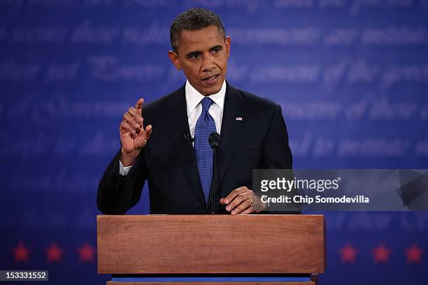 Democratic presidential candidate, U.S. President Barack Obama speaks during the Presidential Debate at the University of Denver on October 3, 2012...