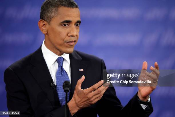 Democratic presidential candidate, U.S. President Barack Obama speaks during the Presidential Debate at the University of Denver on October 3, 2012...