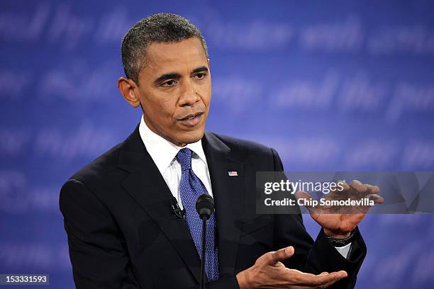 Democratic presidential candidate, U.S. President Barack Obama speaks during the Presidential Debate at the University of Denver on October 3, 2012...